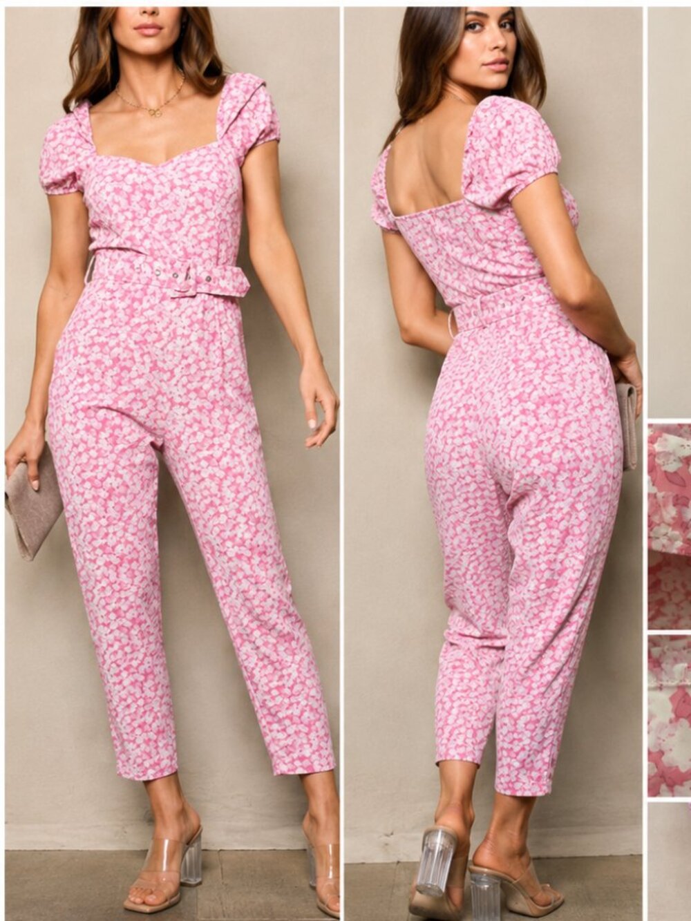 Feel In Apparel Pink Floral Puff Sleeve Belted Jumpsuit Size L